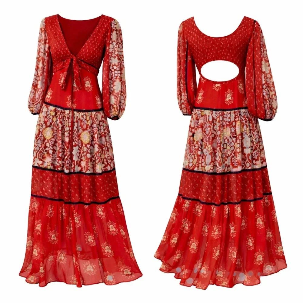 Free People Red Bali Laurel Maxi Dress Boho Romantic Resort Festival S/M - Picture 3 of 6